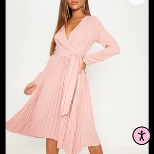 rose long sleeve pleated midi dress